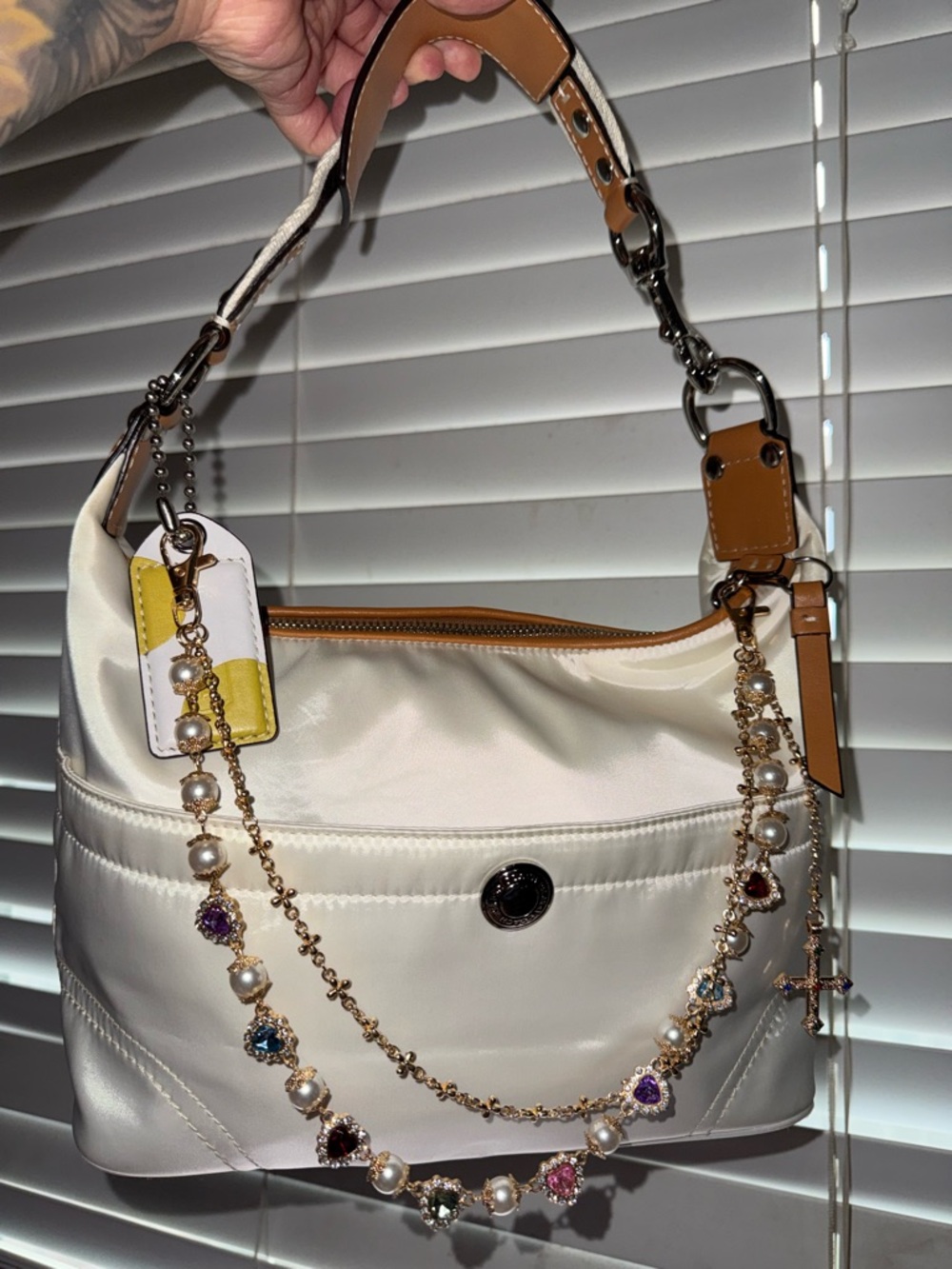 Women's Cream Shoulder Bag with Decorative Crystal & Pearl Chain. Very Gorgeous.